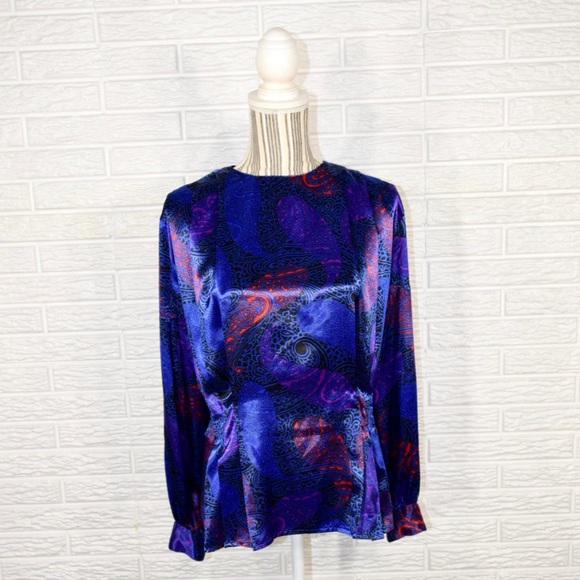 Vintage Tops - Vtg 80s La Blouse | Multicolored Satin Blouse